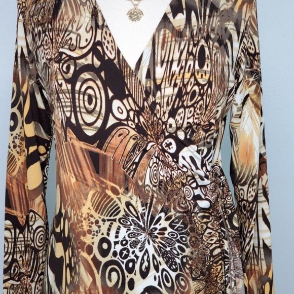 Women With Control Brown Orange Fall Colors Tunic Surplice Faux Wrap Top Size MP - Picture 4 of 15